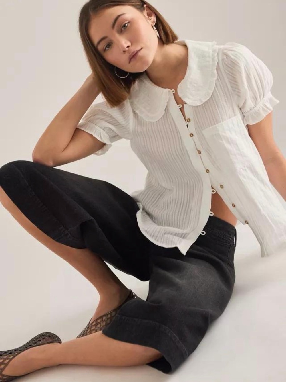 Anthropologie Pilcro Kiera Top, White Ruffle-Collar Button Down Shirt